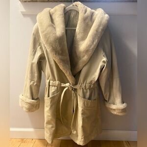 Women Cream Leather Faux Fur Trimmed Coat Size L/XL